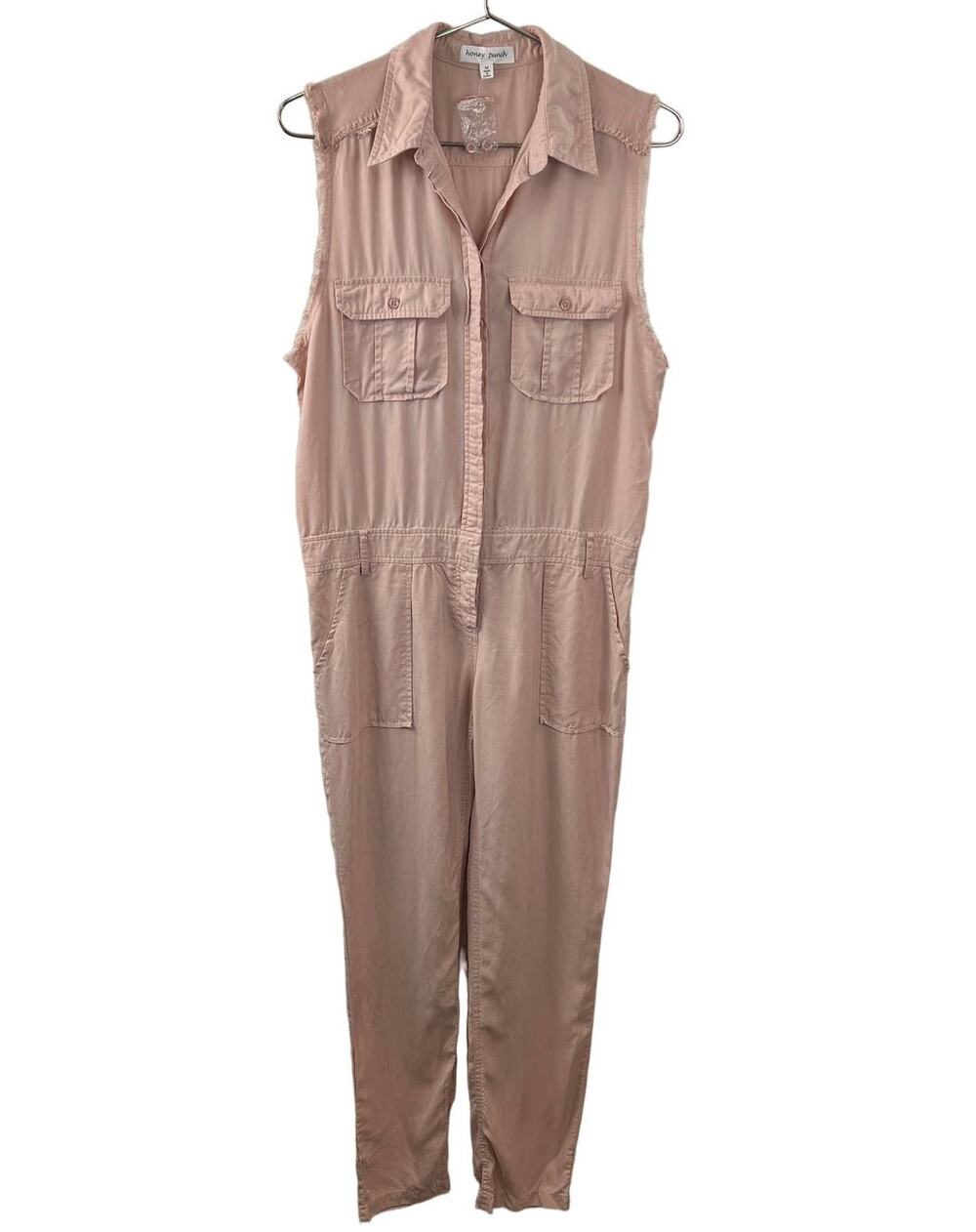 Honey Punch Pink Nude Tencel Chambray 1/4 Button-Front Sleeveless Jumpsuit M